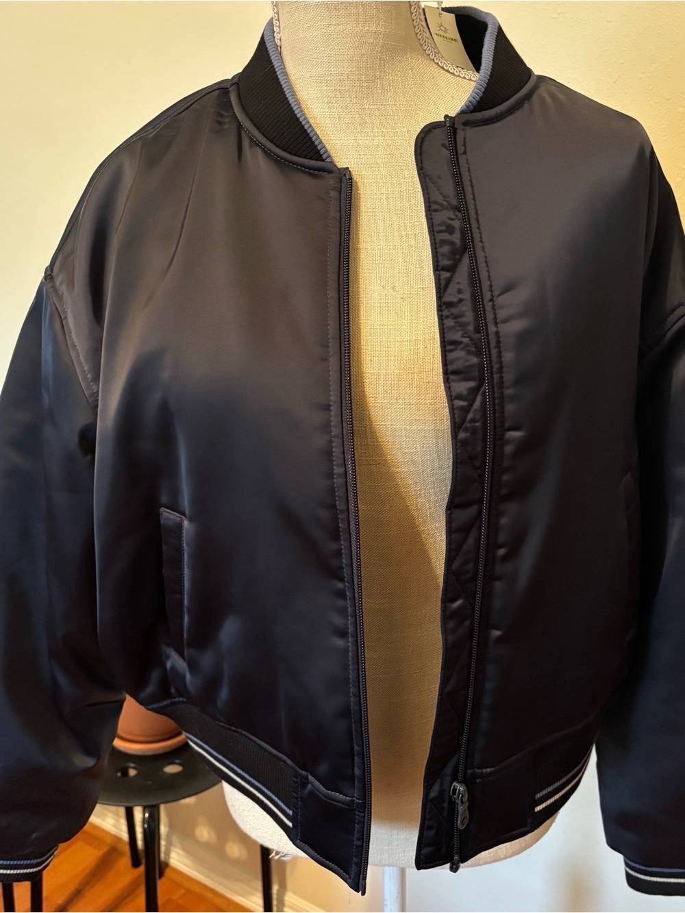 aerie Navy Satin Bomber Jacket